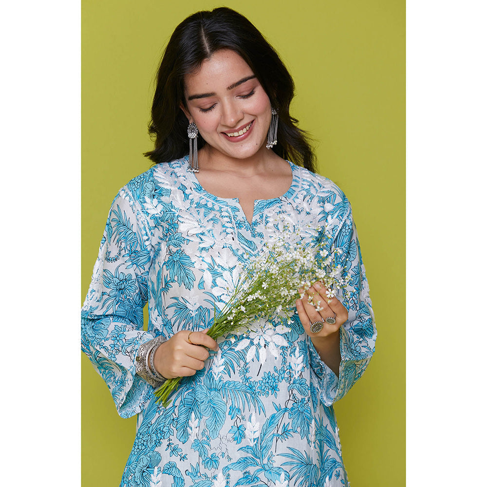 House of Chikankari Mulmul Chikankari Printed Womens Kurta with Pants-Blue (Set of 2)