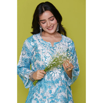 House of Chikankari Mulmul Chikankari Printed Womens Kurta with Pants-Blue (Set of 2)