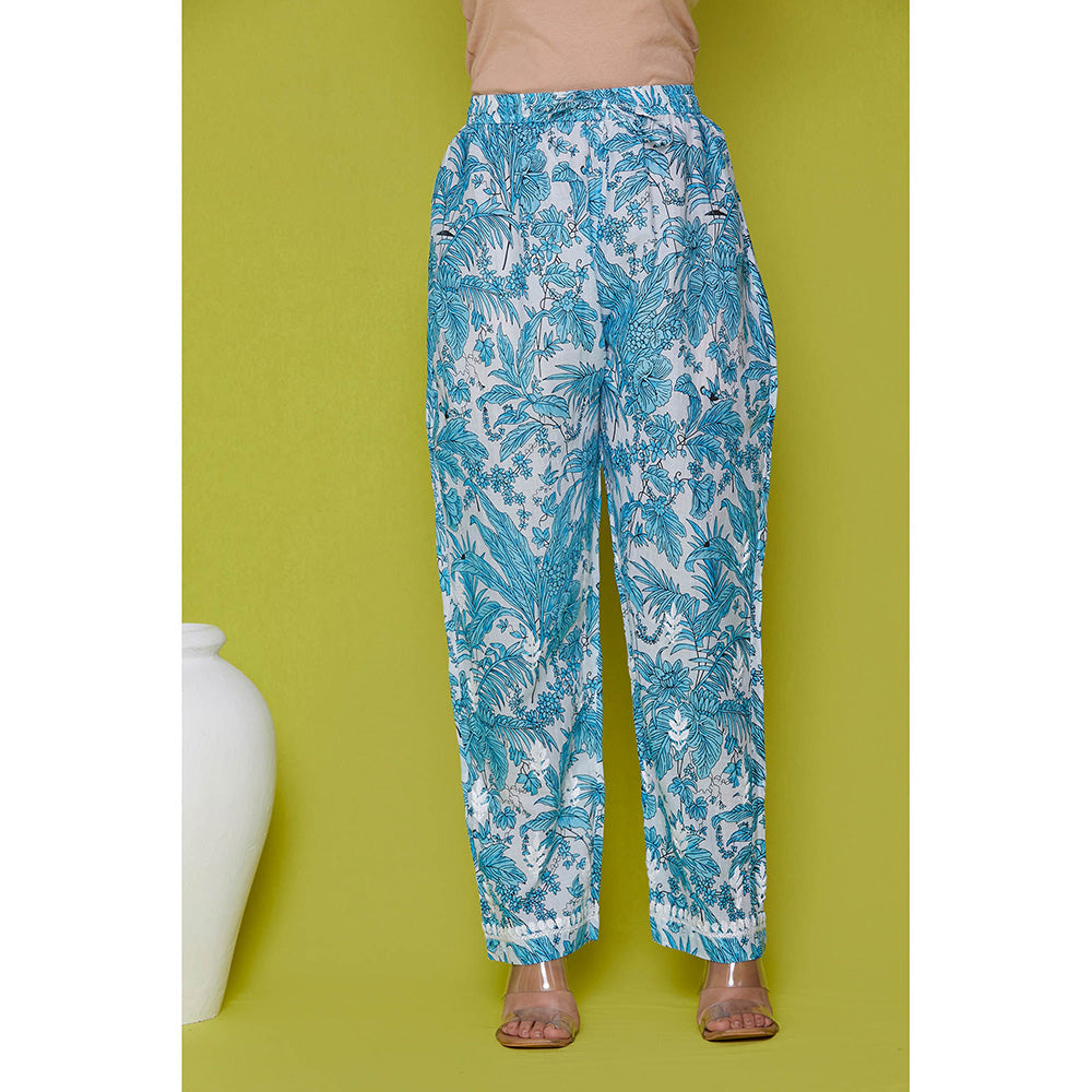 House of Chikankari Mulmul Chikankari Printed Womens Kurta with Pants-Blue (Set of 2)