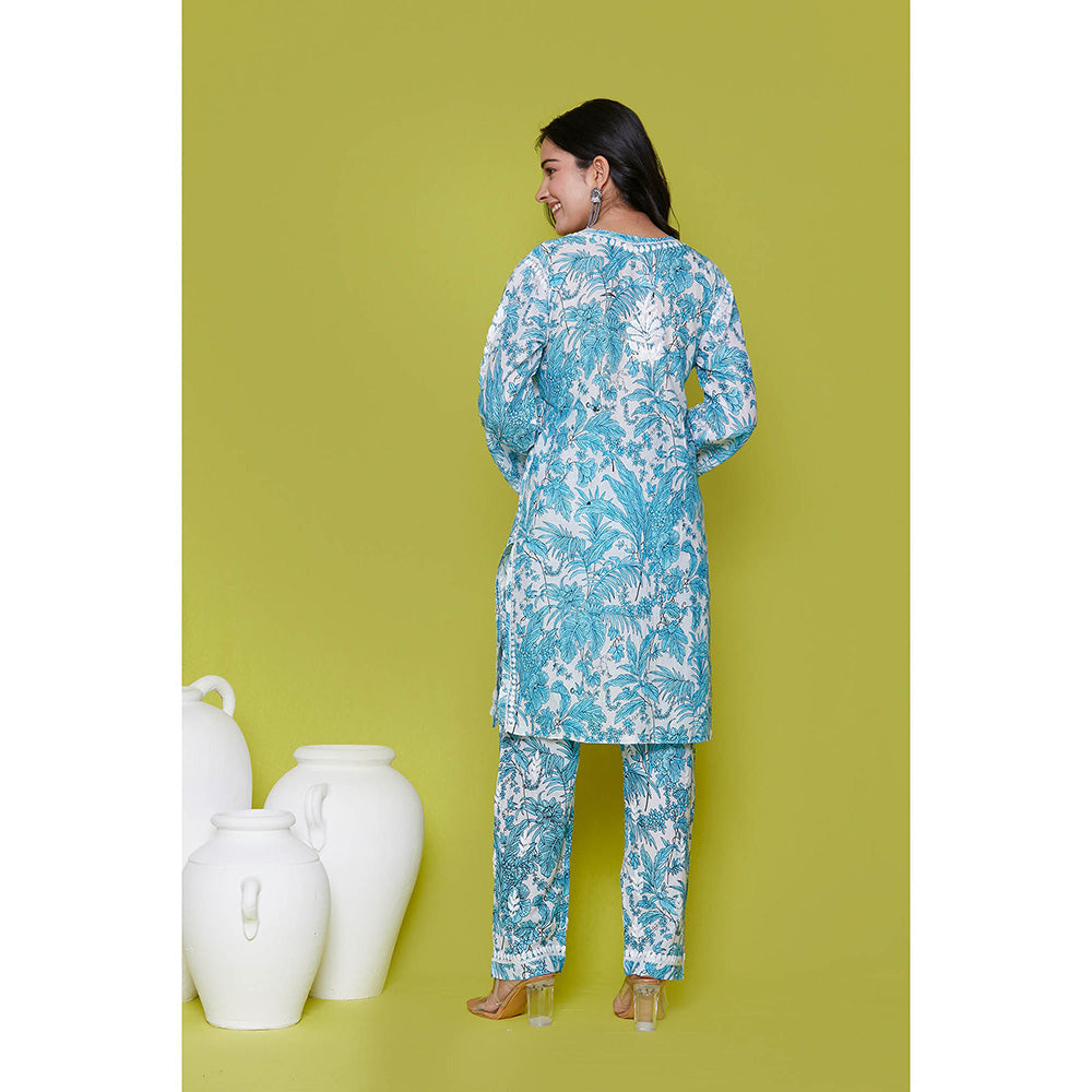 House of Chikankari Mulmul Chikankari Printed Womens Kurta with Pants-Blue (Set of 2)