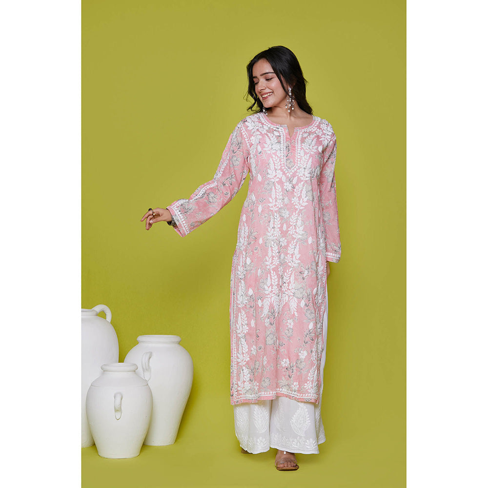 House of Chikankari Mulmul Chikankari Printed Womens Long Kurta-Pink