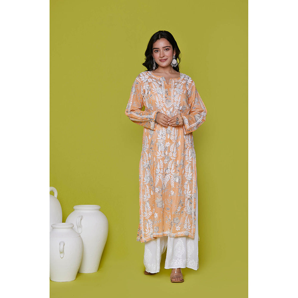 House of Chikankari Mulmul Chikankari Printed Womens Long Kurta-Orange