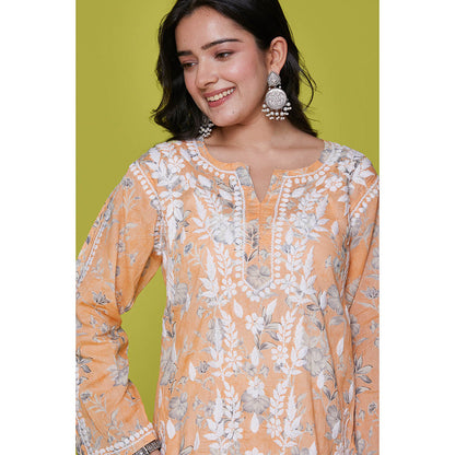House of Chikankari Mulmul Chikankari Printed Womens Long Kurta-Orange