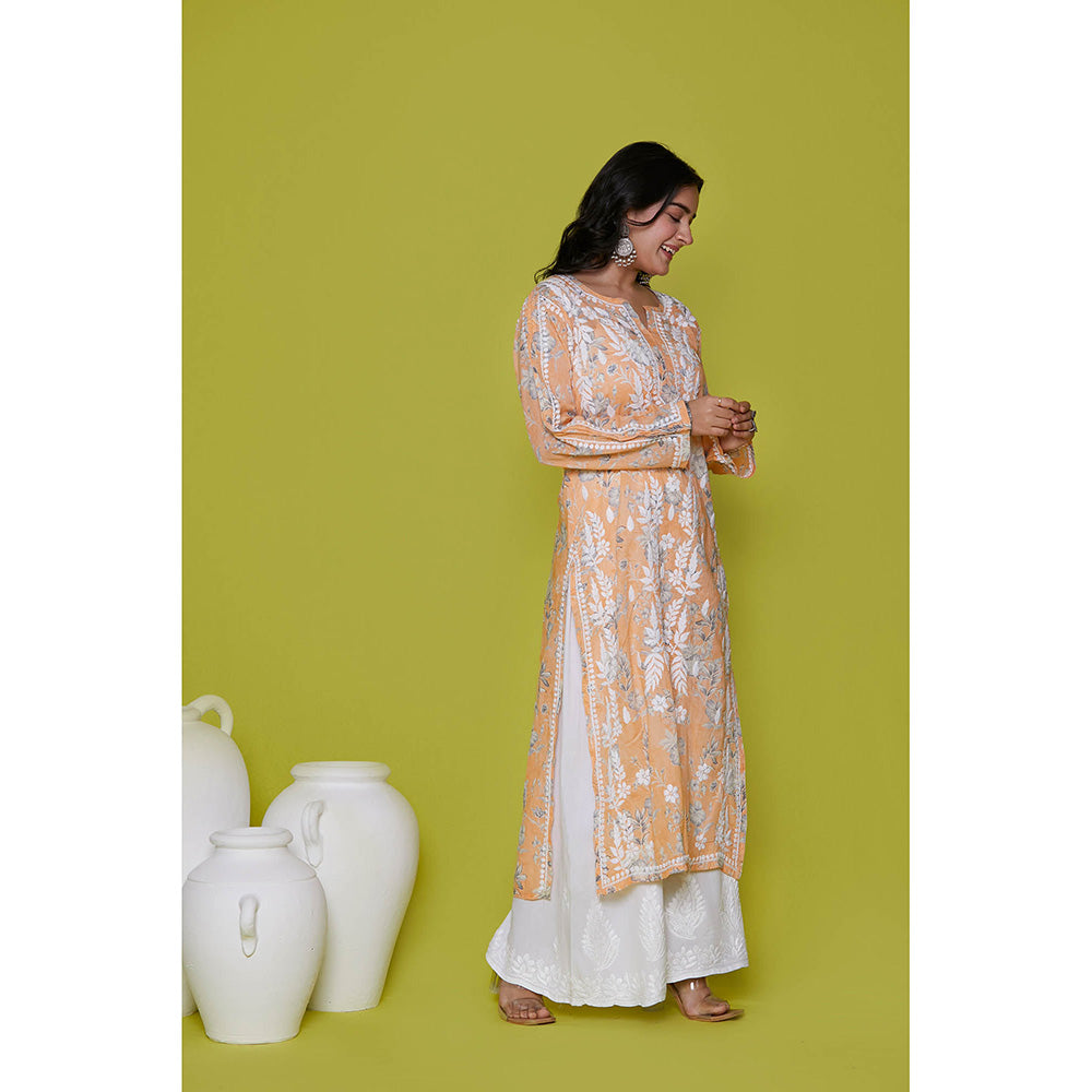 House of Chikankari Mulmul Chikankari Printed Womens Long Kurta-Orange