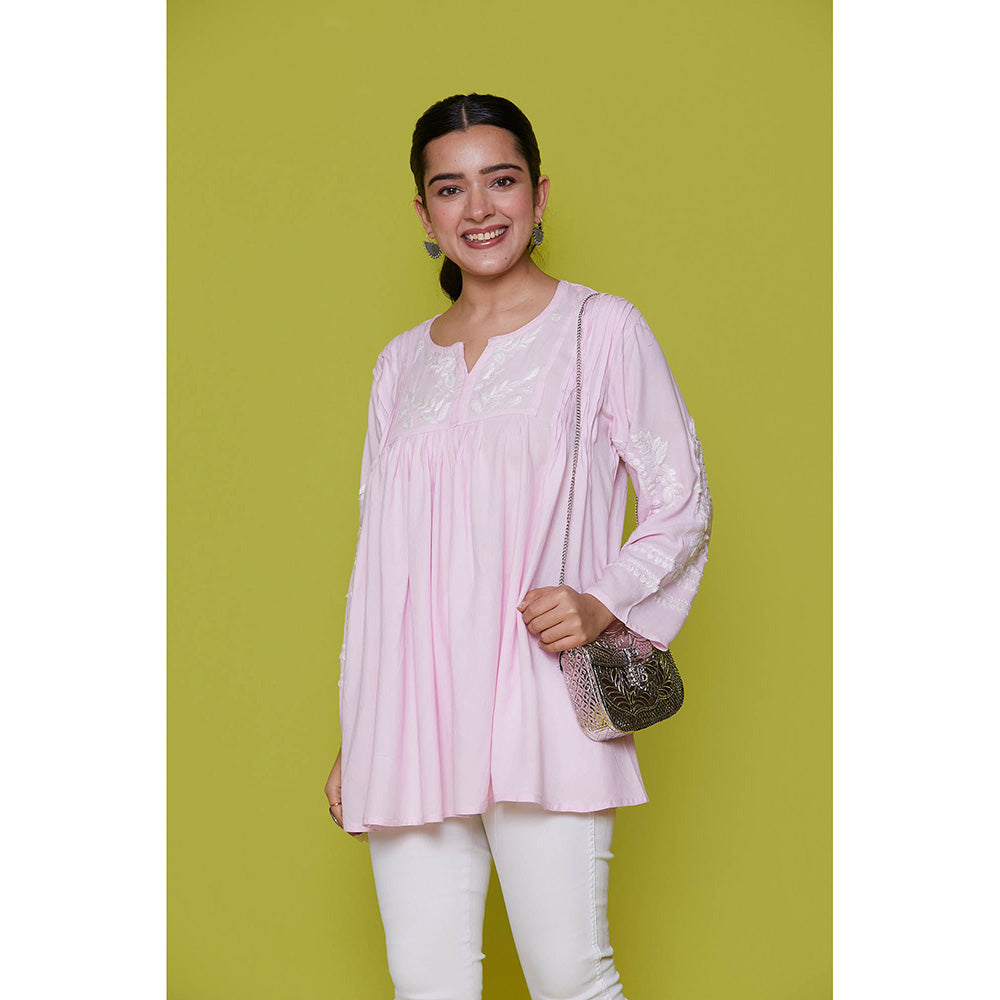 House of Chikankari Rayon Chikankari Womens Short Tunic- Pink