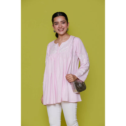 House of Chikankari Rayon Chikankari Womens Short Tunic- Pink