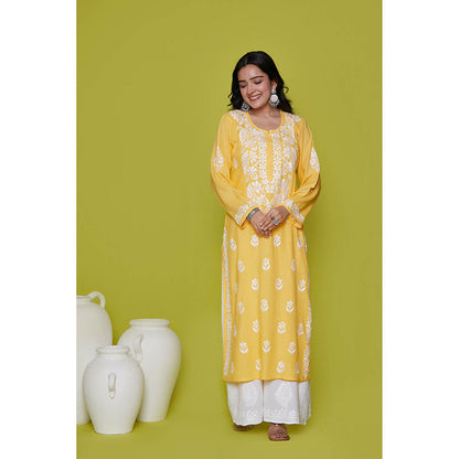 House of Chikankari Rayon Chikankari Womens Long Kurta-Yellow