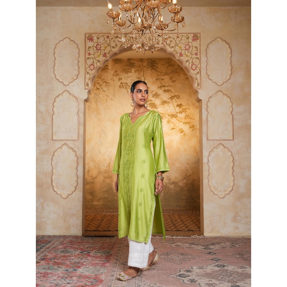 House of Chikankari Chanderi Chikankari Womens Long Kurta - Green