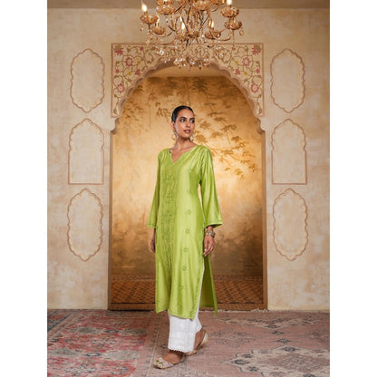 House of Chikankari Chanderi Chikankari Womens Long Kurta - Green