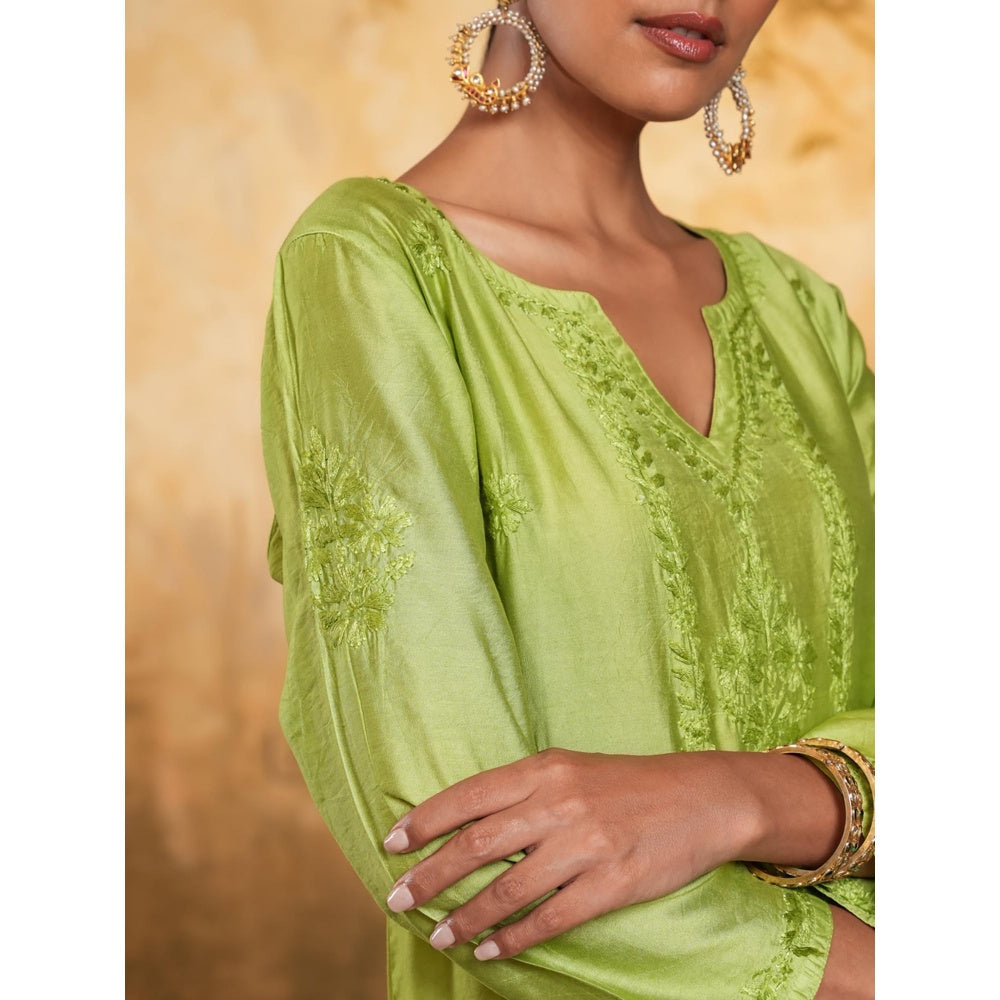 House of Chikankari Chanderi Chikankari Womens Long Kurta - Green