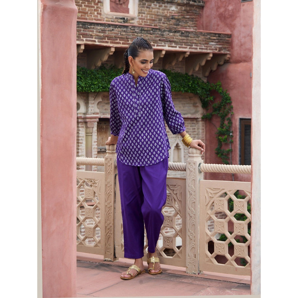 House of Chikankari Glazed Cotton Hand Block Purple Co-Ord (Set of 2)