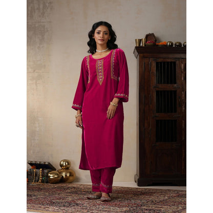 House of Chikankari Pink Velvet Chikankari Embroidered Kurta with Pant (Set of 2)