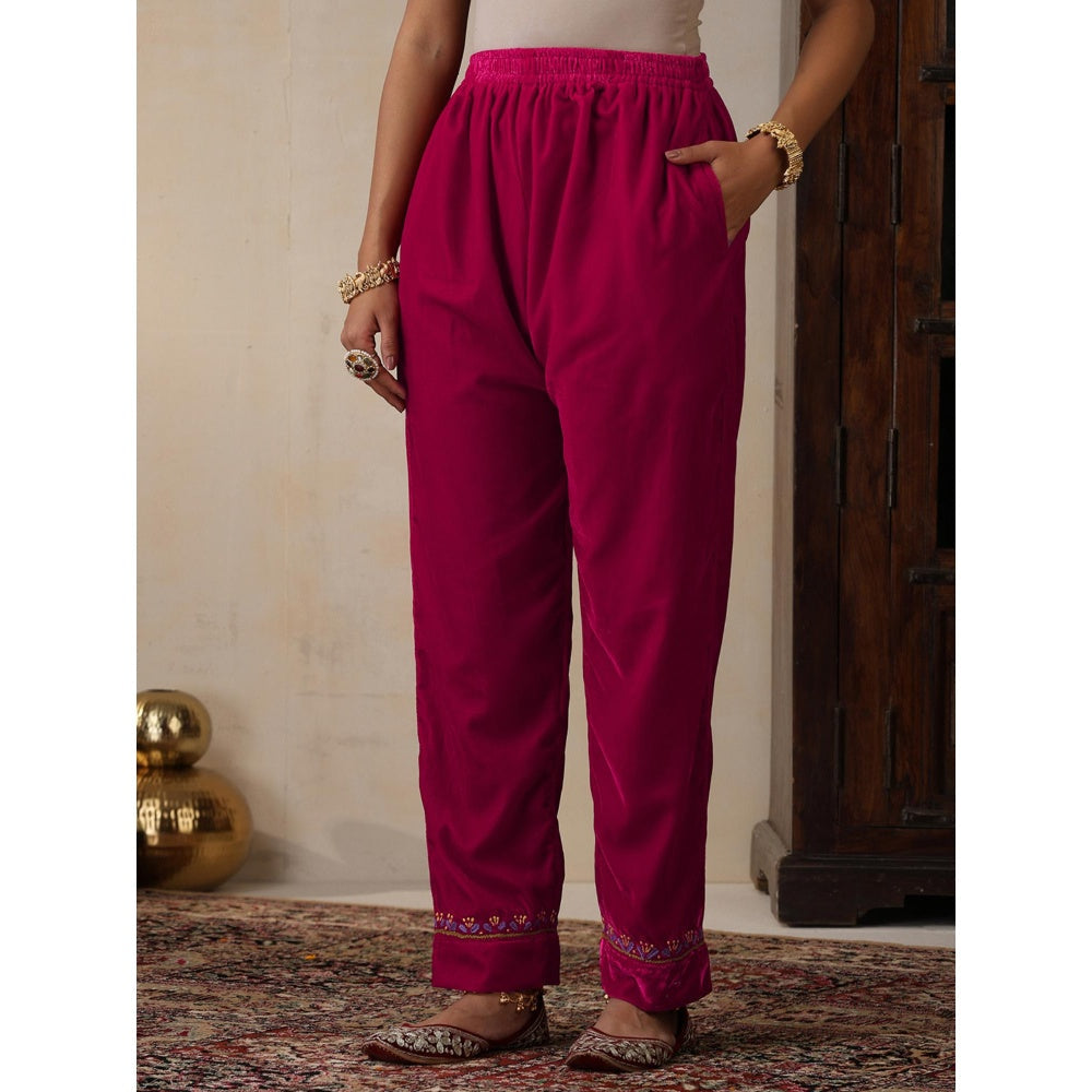 House of Chikankari Pink Velvet Chikankari Embroidered Kurta with Pant (Set of 2)
