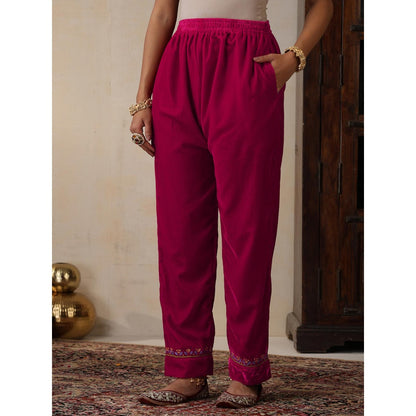 House of Chikankari Pink Velvet Chikankari Embroidered Kurta with Pant (Set of 2)