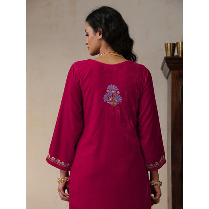 House of Chikankari Pink Velvet Chikankari Embroidered Kurta with Pant (Set of 2)