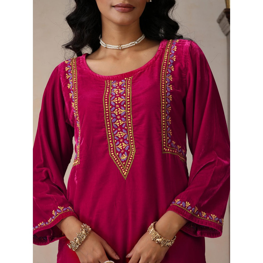 House of Chikankari Pink Velvet Chikankari Embroidered Kurta with Pant (Set of 2)