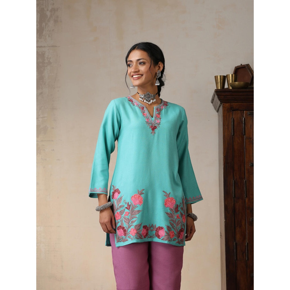 House of Chikankari Threadwork Embroidered Woollen Solid Short Tunic Turquoise Blue