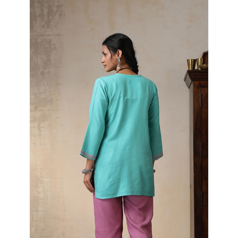 House of Chikankari Threadwork Embroidered Woollen Solid Short Tunic Turquoise Blue