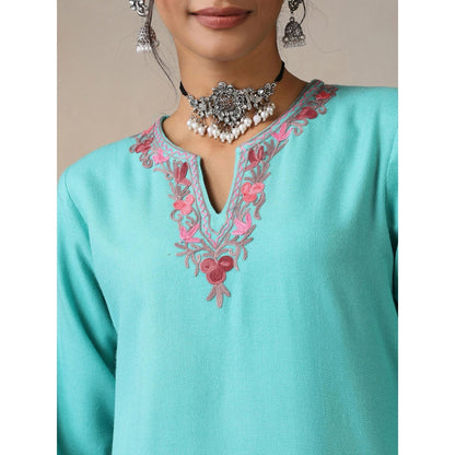 House of Chikankari Threadwork Embroidered Woollen Solid Short Tunic Turquoise Blue