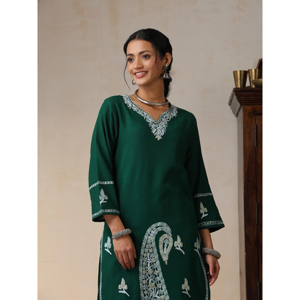 House of Chikankari Threadwork Embroidered Woollen Solid Long Kurta Green