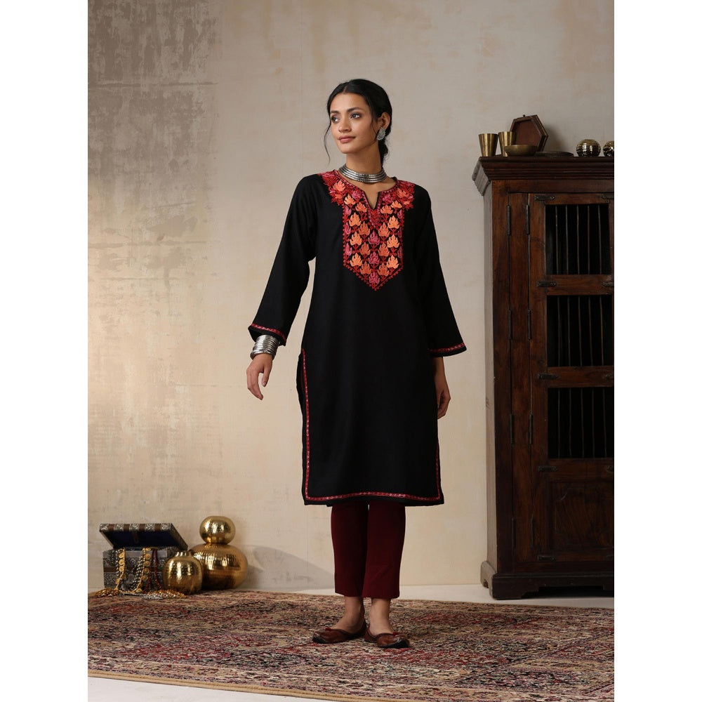 House of Chikankari Threadwork Embroidered Woollen Solid Long Kurta Black