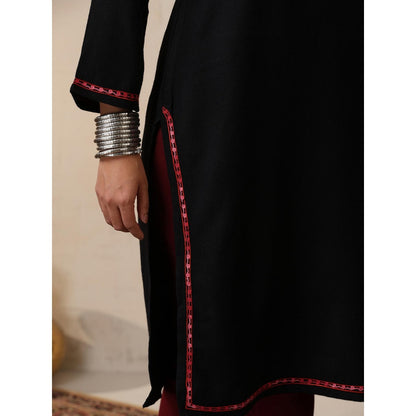House of Chikankari Threadwork Embroidered Woollen Solid Long Kurta Black