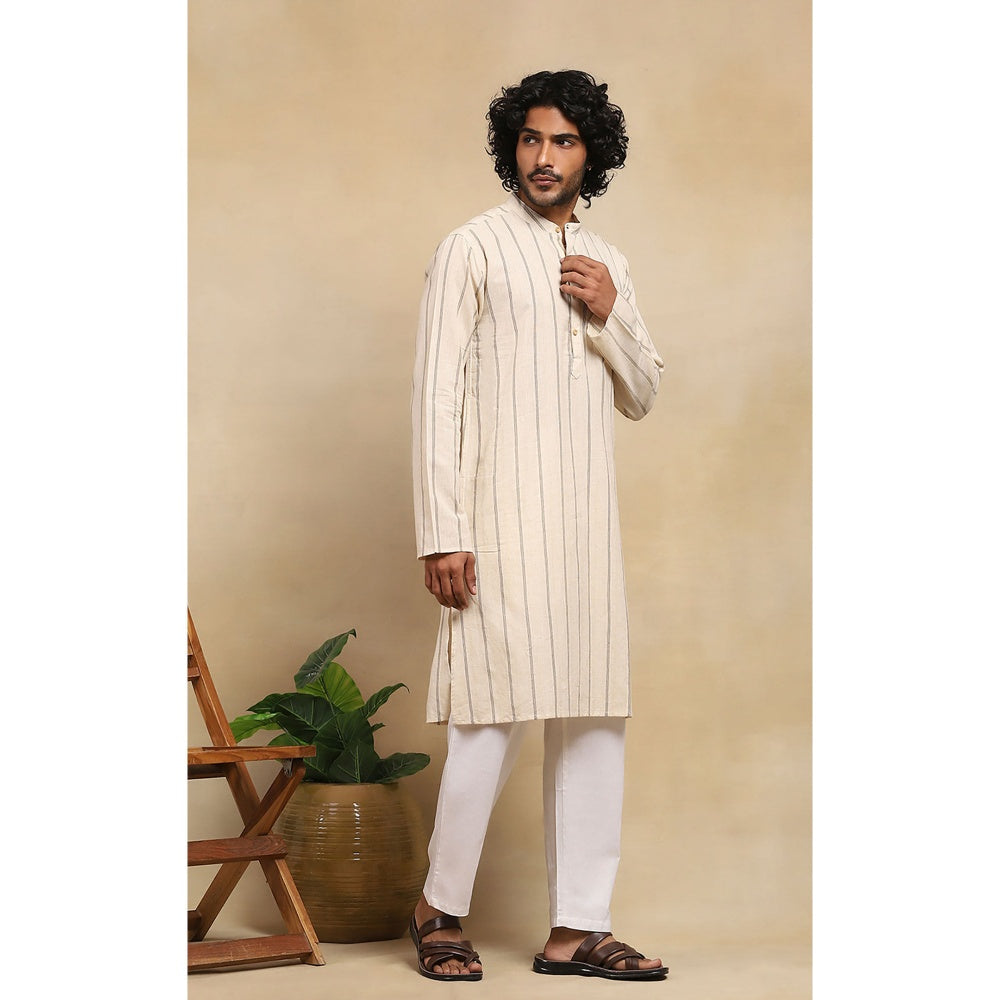 House of Chikankari Crafts Handloom Stripe Men Beige Long Kurta