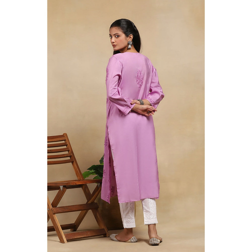 House of Chikankari Chanderi Chikankari Womens Long Kurta- Purple
