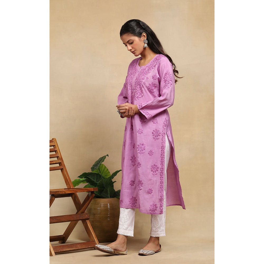 House of Chikankari Chanderi Chikankari Womens Long Kurta- Purple