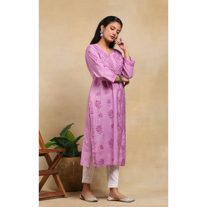 House of Chikankari Chanderi Chikankari Womens Long Kurta- Purple