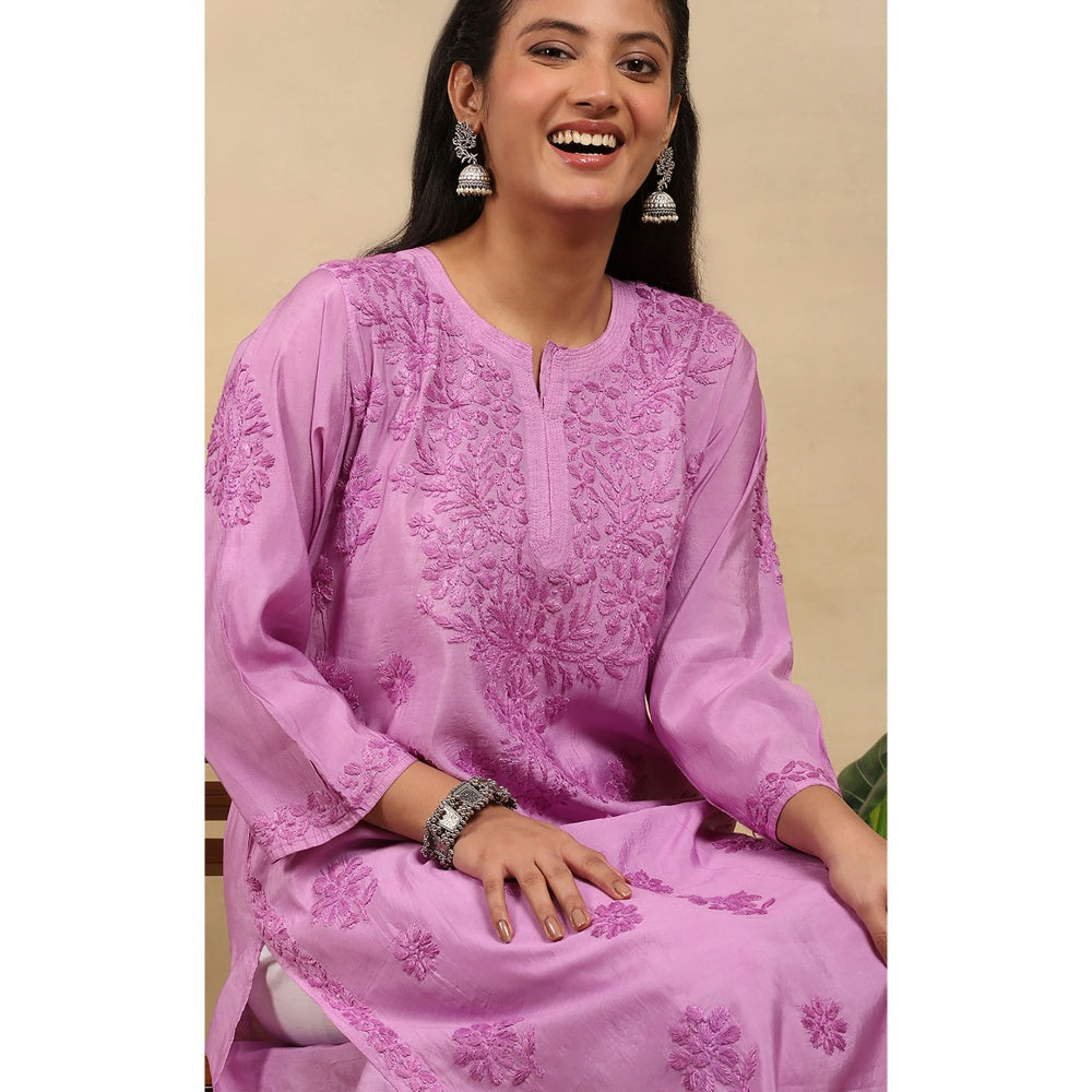 House of Chikankari Chanderi Chikankari Womens Long Kurta- Purple