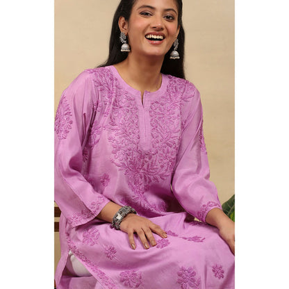 House of Chikankari Chanderi Chikankari Womens Long Kurta- Purple