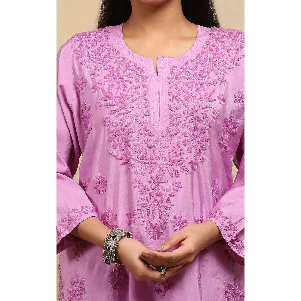House of Chikankari Chanderi Chikankari Womens Long Kurta- Purple