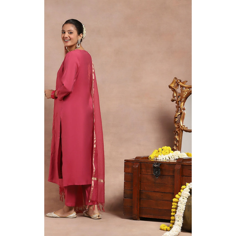 House of Chikankari Chikankari Mukaish Kurta Inner with Pant and Dupatta - Pink (Set of 4)