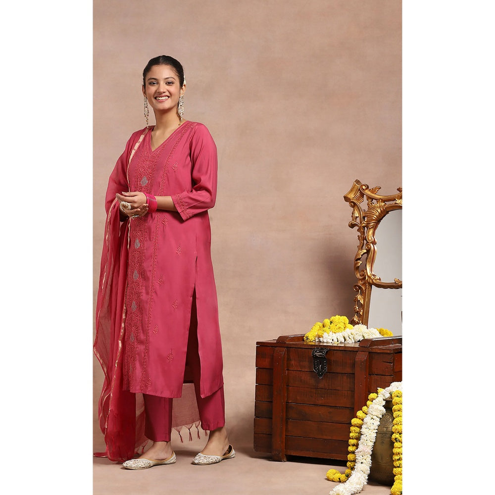 House of Chikankari Chikankari Mukaish Kurta Inner with Pant and Dupatta - Pink (Set of 4)