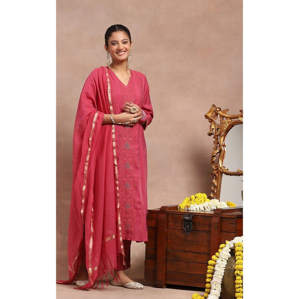 House of Chikankari Chikankari Mukaish Kurta Inner with Pant and Dupatta - Pink (Set of 4)