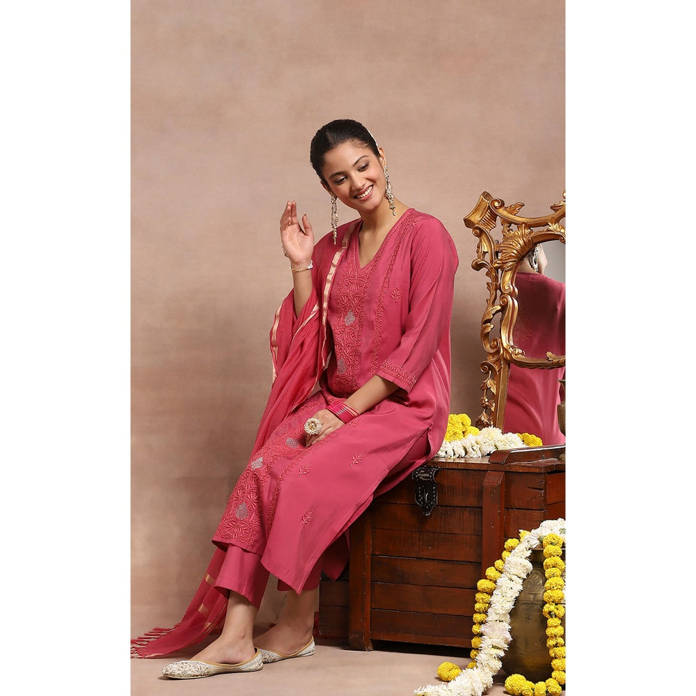 House of Chikankari Chikankari Mukaish Kurta Inner with Pant and Dupatta - Pink (Set of 4)