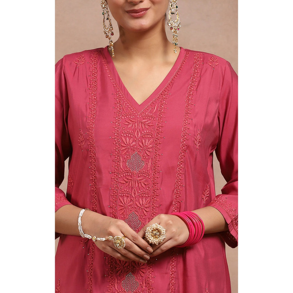 House of Chikankari Chikankari Mukaish Kurta Inner with Pant and Dupatta - Pink (Set of 4)