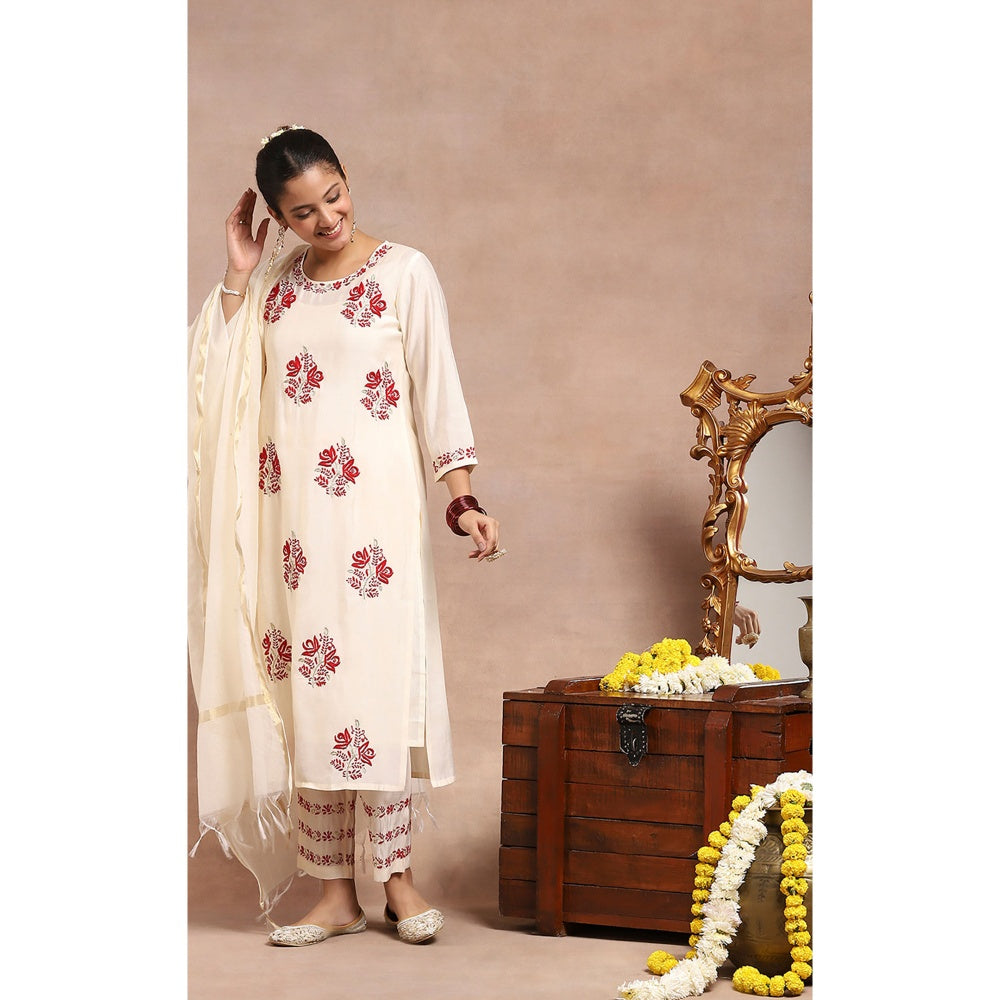 House of Chikankari Chikankari Zari Kurta with Pant and Dupatta - Ivory (Set of 3)