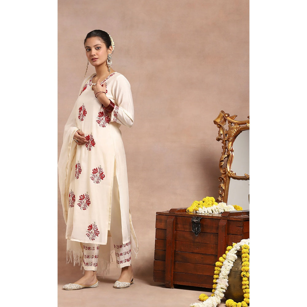 House of Chikankari Chikankari Zari Kurta with Pant and Dupatta - Ivory (Set of 3)