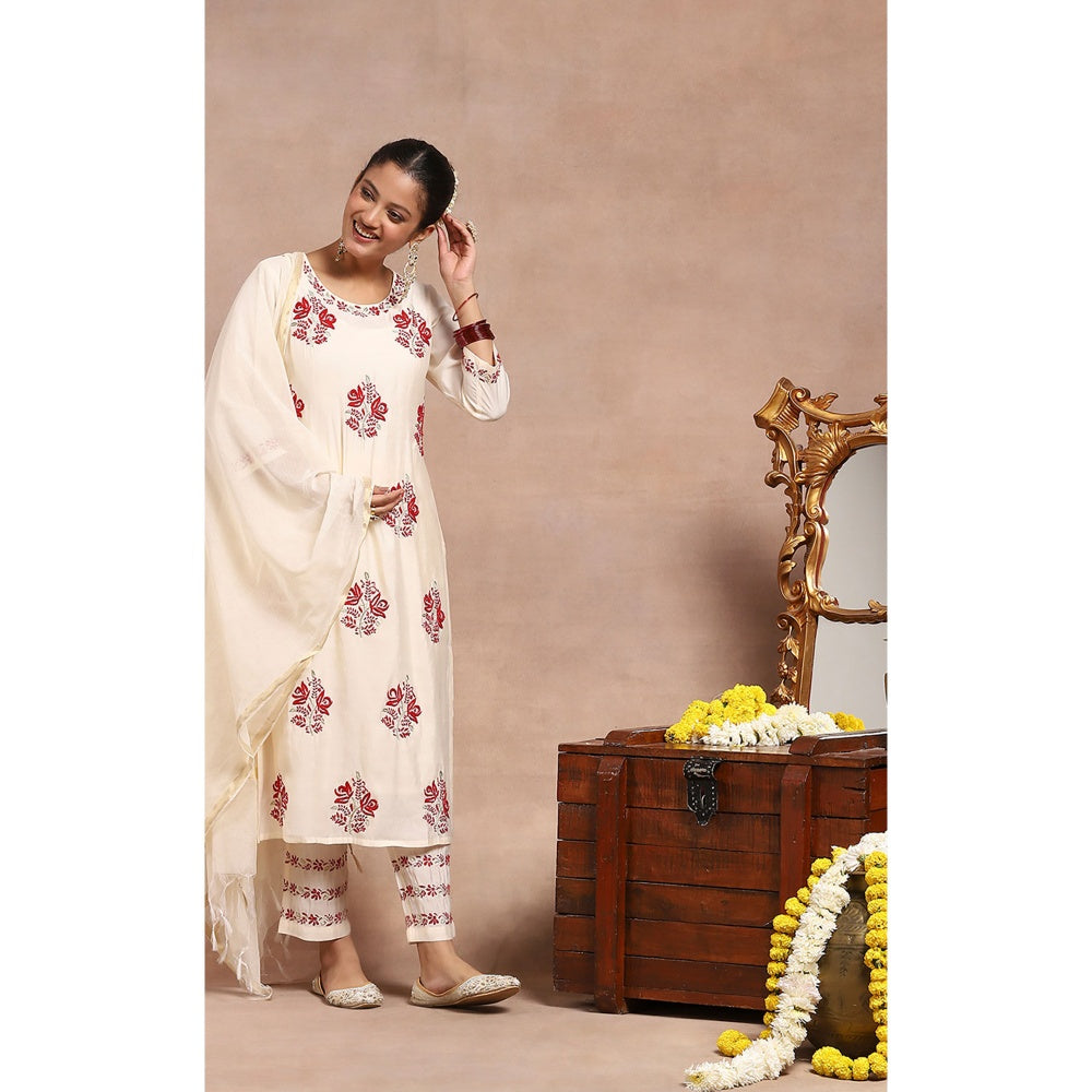 House of Chikankari Chikankari Zari Kurta with Pant and Dupatta - Ivory (Set of 3)