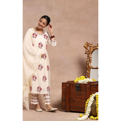 House of Chikankari Chikankari Zari Kurta with Pant and Dupatta - Ivory (Set of 3)