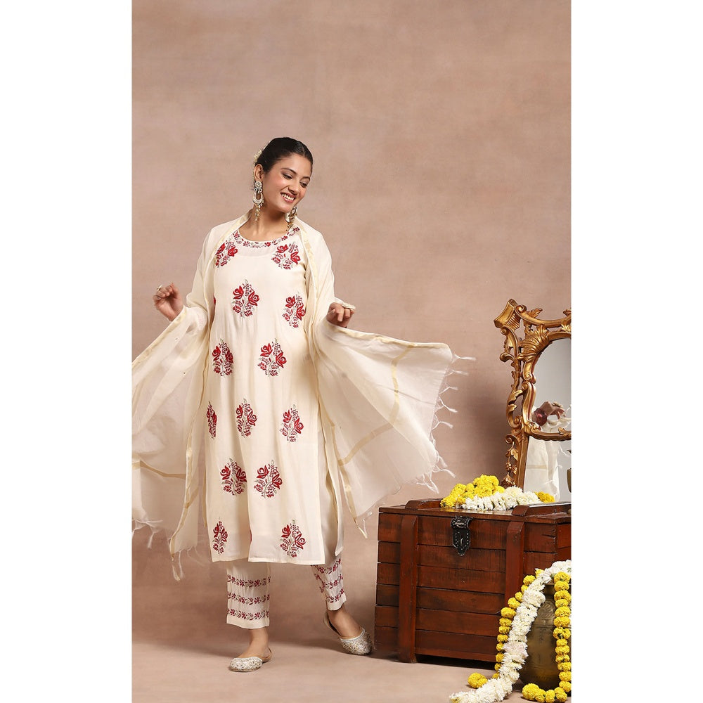 House of Chikankari Chikankari Zari Kurta with Pant and Dupatta - Ivory (Set of 3)