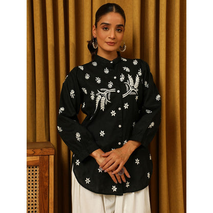 House of Chikankari Black Chikankari Cotton Embroidered Shirt