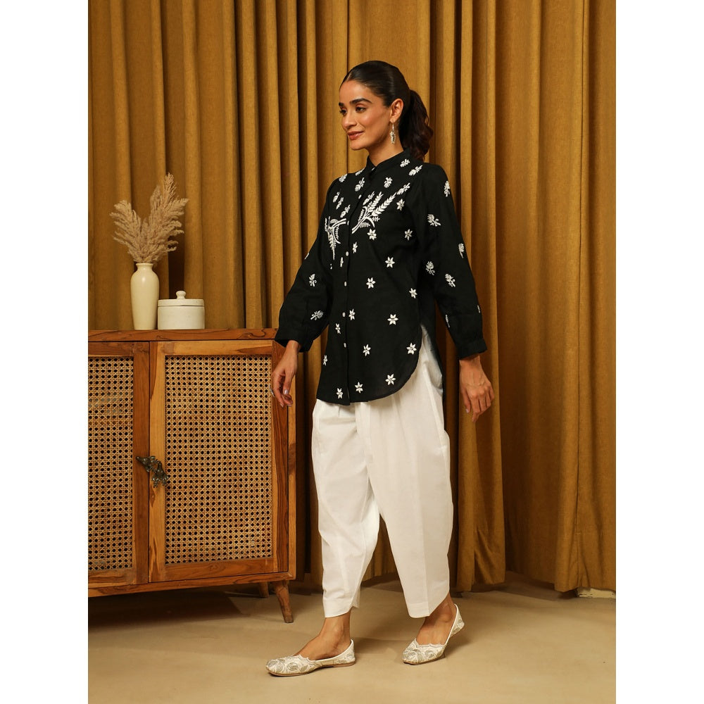 House of Chikankari Black Chikankari Cotton Embroidered Shirt