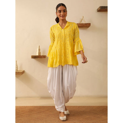 House of Chikankari Yellow Chikankari Chanderi Embroidered Tunic
