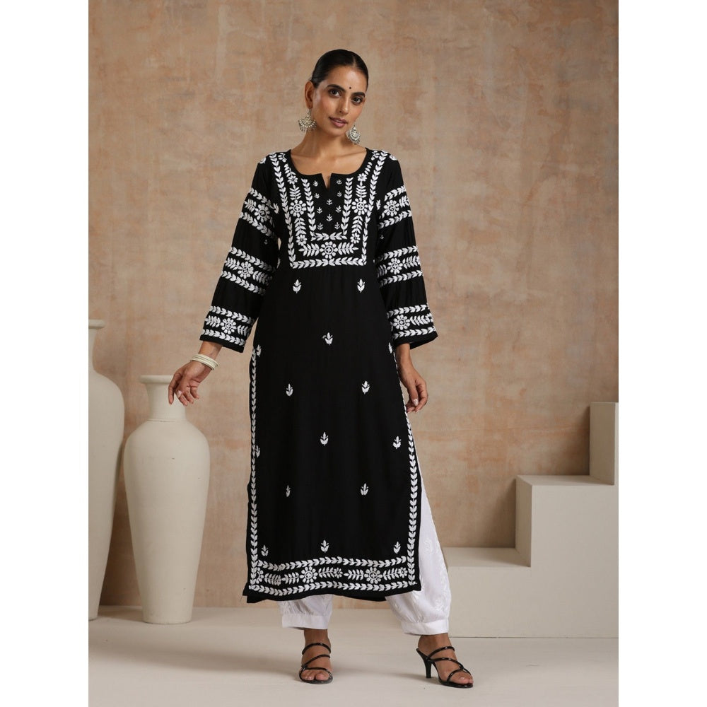 House of Chikankari Rayon Chikankari Womens Long Kurta - Black