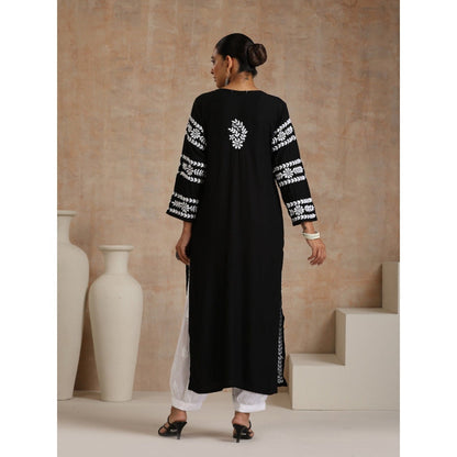 House of Chikankari Rayon Chikankari Womens Long Kurta - Black