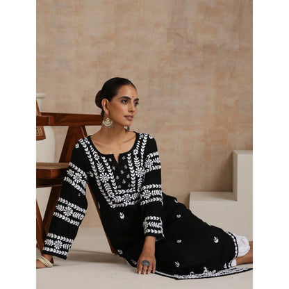 House of Chikankari Rayon Chikankari Womens Long Kurta - Black