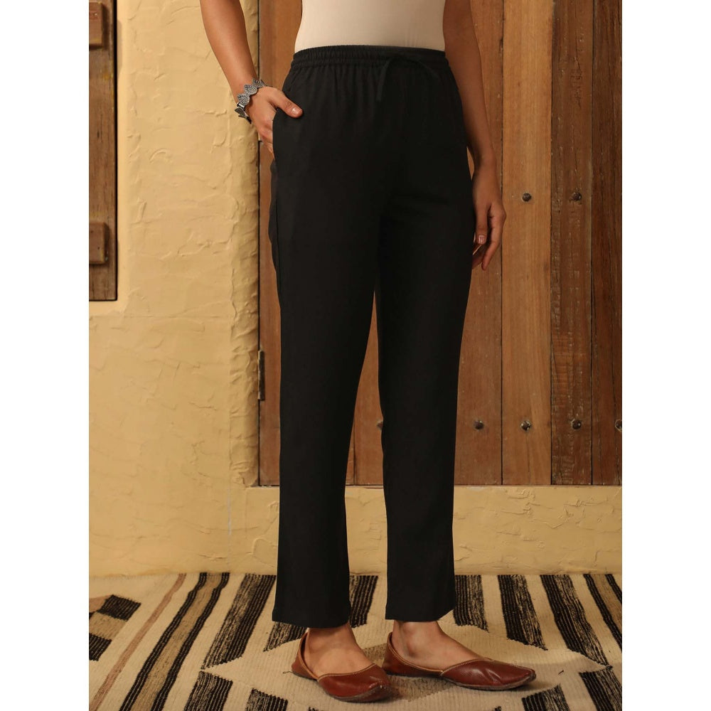 House of Chikankari Black Cotton Solid Pant